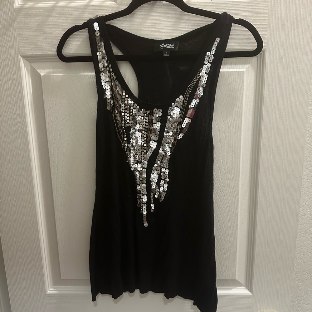 Halle Bob, black tank silver sequin top size small